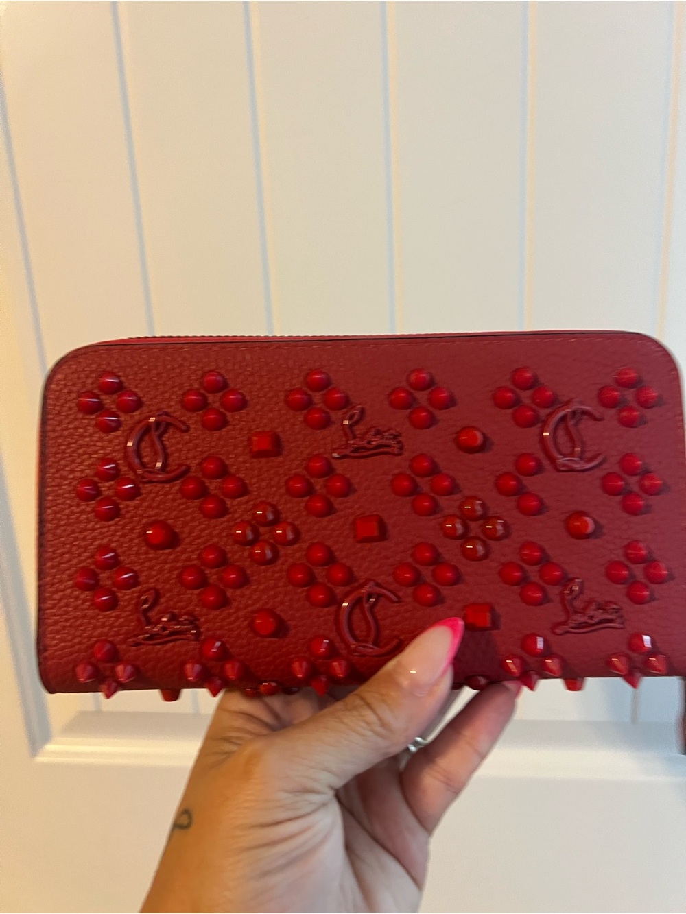 Christian Louboutin Red Pebbled Leather Studded Zip Wallet - Picture 2 of 11